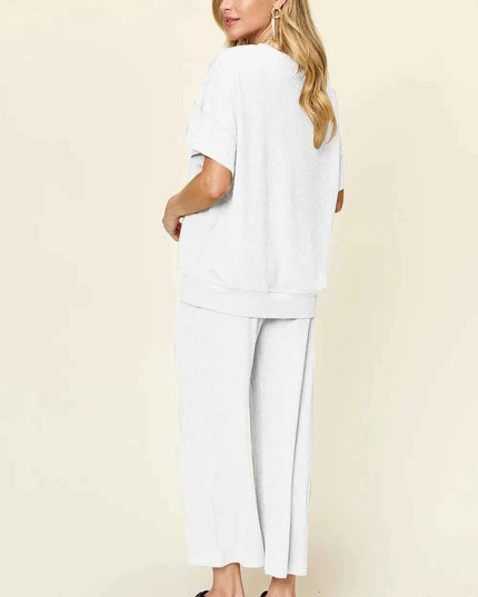 Double Take Full Size Texture Round Neck Short Sleeve T-Shirt and Wide Leg Pants