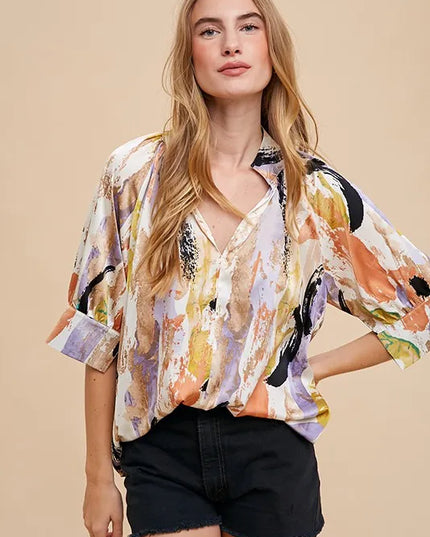 Annie Wear Multi Color Printed V-Neck Open Woven Blouse Top TAUPE LILAC MULTI