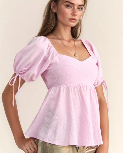 Davi & Dani Solid Elastic Peplum Puffed Sleeves Blouse
