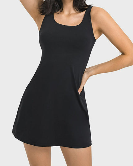 Millennia Square Neck Sports Tank Dress with Full Coverage Bottoms Black