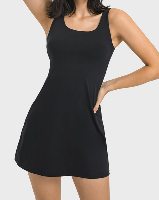 Millennia Square Neck Sports Tank Dress with Full Coverage Bottoms Black