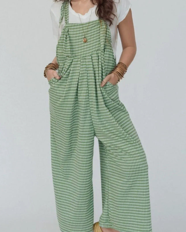 Casual Gingham Wide Leg Overalls Lime