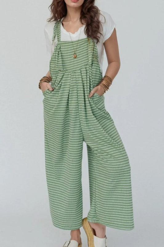 Casual Gingham Wide Leg Overalls Lime
