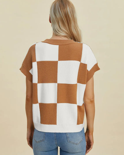 Double Take Full Size Checkered Round Neck Short Sleeve Sweater