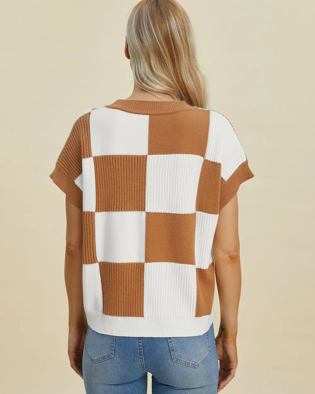 Double Take Full Size Checkered Round Neck Short Sleeve Sweater