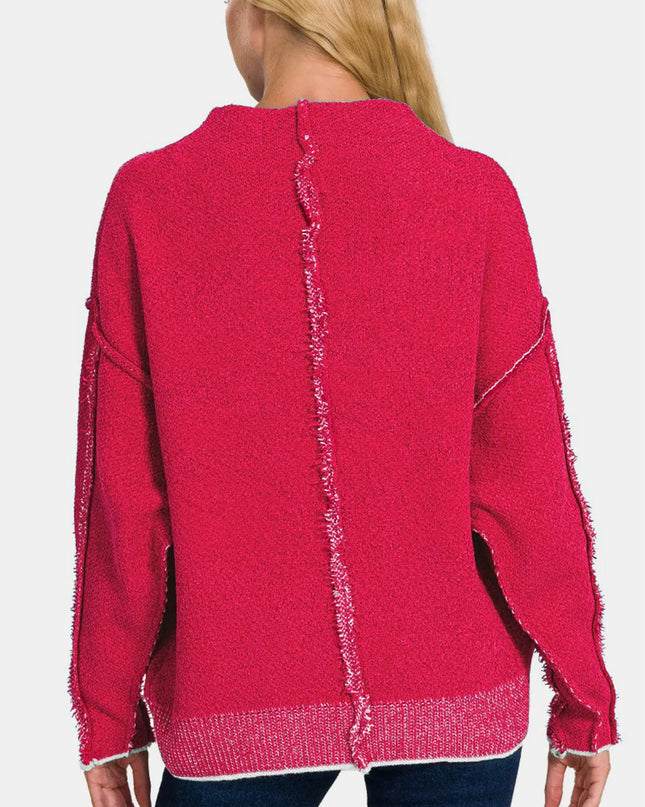 Zenana Exposed Seam Mock Neck Long Sleeve Sweater
