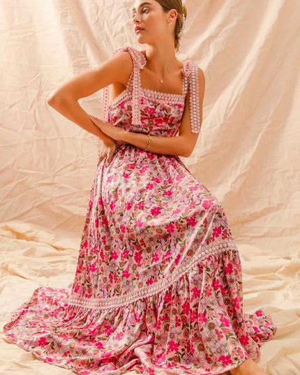 SO ME Floral Maxi Dress With Ribbon Tie Lace Strap