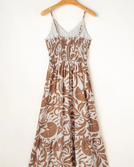 Floral Shirred High Waist Spaghetti Straps Dress