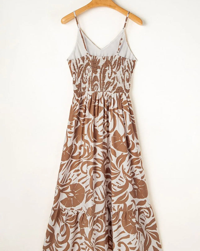 Floral Shirred High Waist Spaghetti Straps Dress