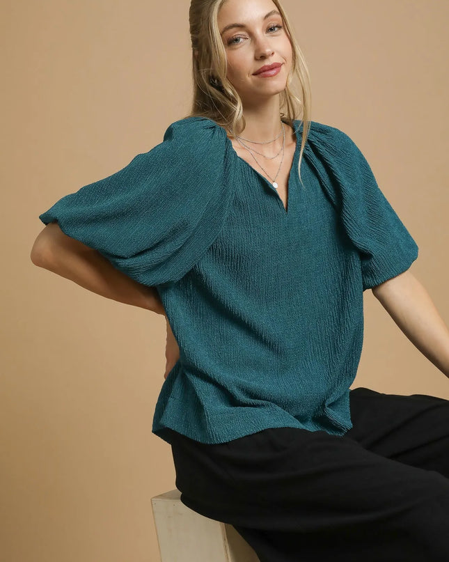Umgee Textured Flutter Sleeve Notch Neck Top