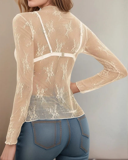 Floral Mock Neck Long Sleeve Mesh Top