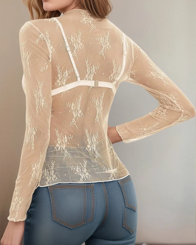 Floral Mock Neck Long Sleeve Mesh Top