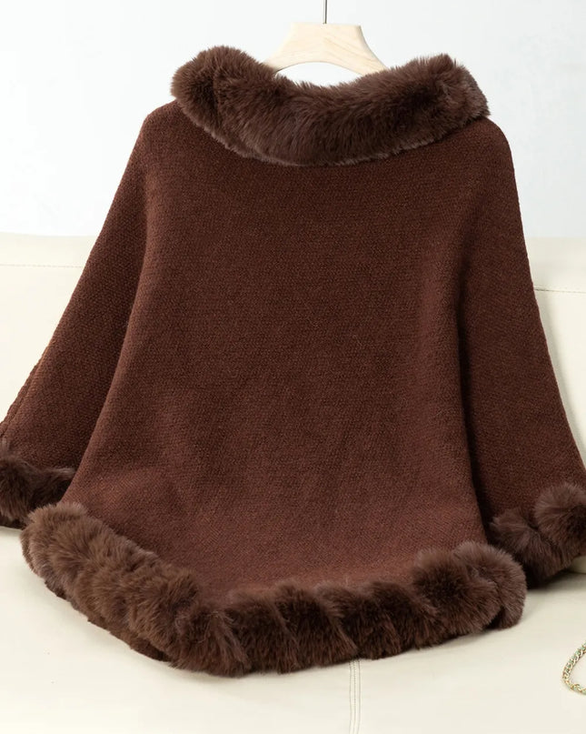 Fuzzy Trim Texture Three-Quarter Sleeve Poncho