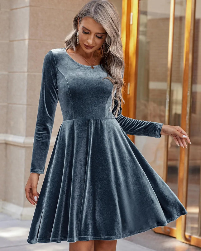 Round Neck Long Sleeve Knee Length Dress Air Force Blue