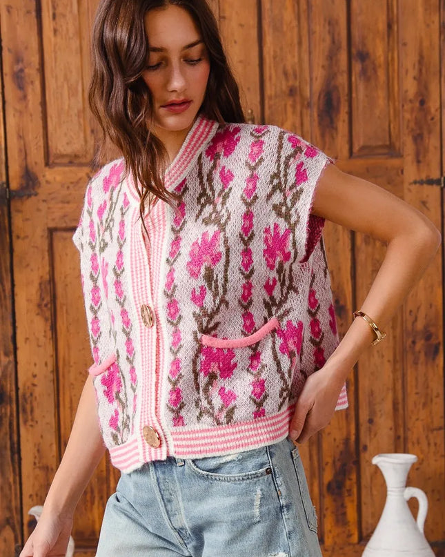 SO ME Button Front Floral and Stripe Knitted Sweater Vest