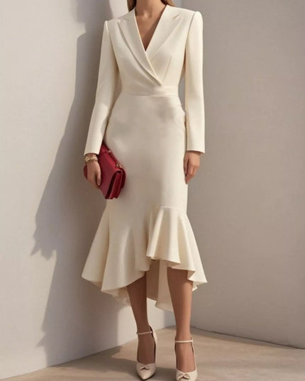 Ruffled Hem Long Sleeve Midi Blazer Dress Apricot