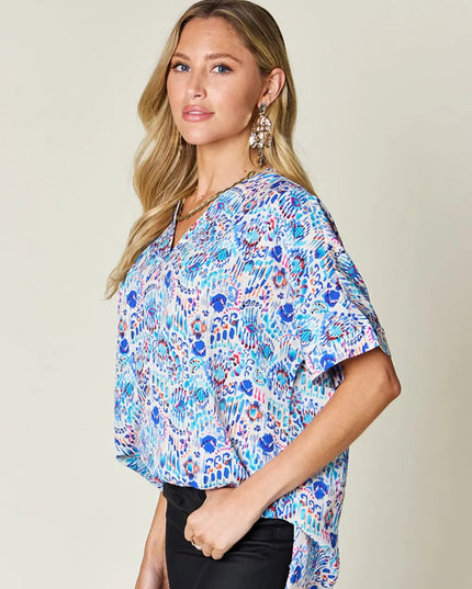 Double Take Full Size Printed V-Neck Short Sleeve Blouse