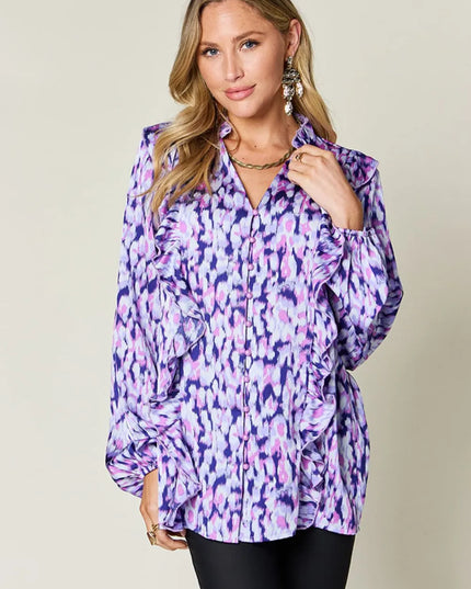 Double Take Full Size Printed Ruffle Trim Balloon Sleeve Shirt