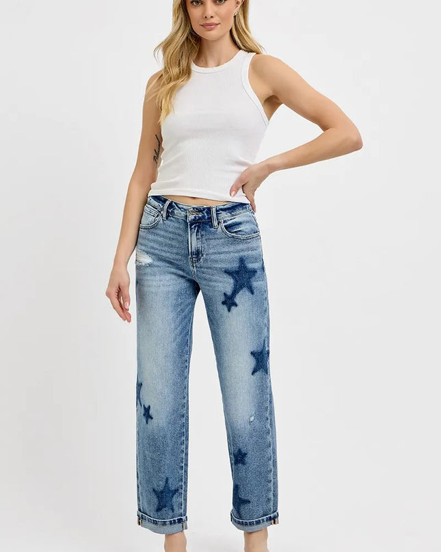 RISEN Full Size Mid Rise Boyfriend Star Shadow Detail Cuffed Jeans Plus Size