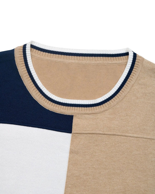 Color Block Round Neck Sweater with Ribbed Trim