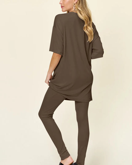 Double Take Full Size Round Neck Dropped Shoulder T-Shirt and Leggings Set