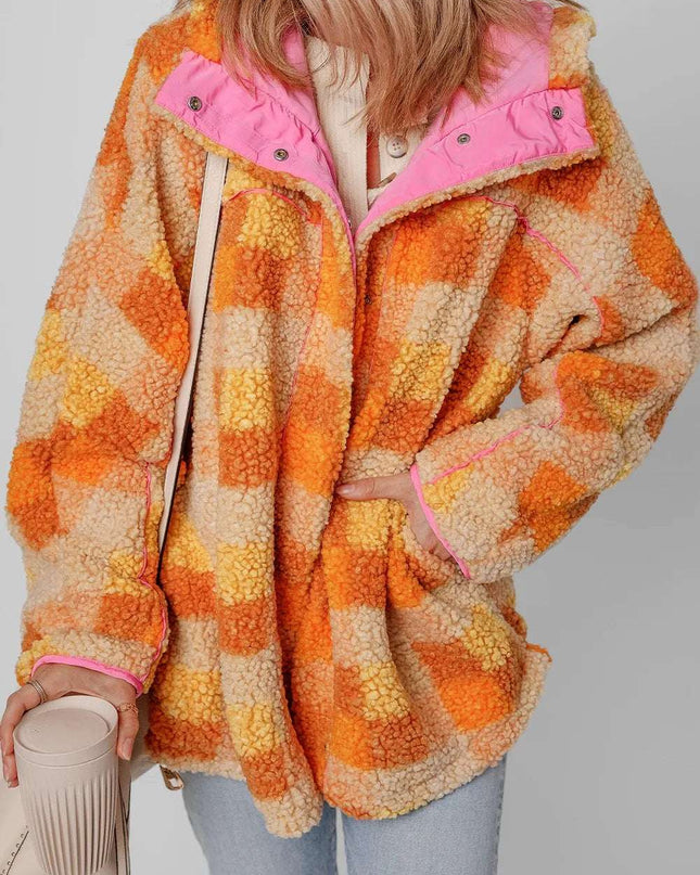 Checkered Long Sleeve Sherpa Hooded Jacket