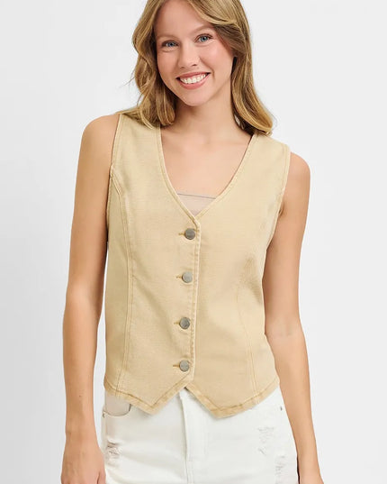 RISEN Full Size V Neck Button Down Vest Plus Size