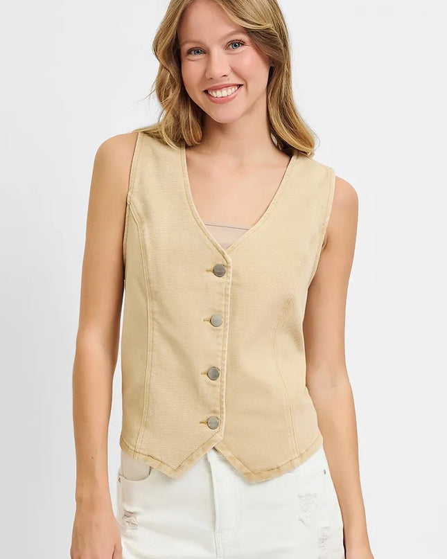 RISEN Full Size V Neck Button Down Vest Plus Size