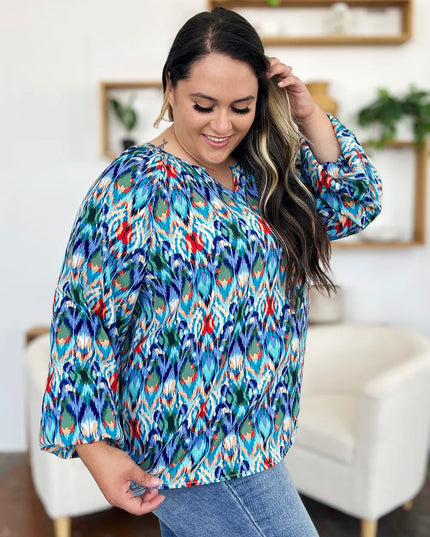 Double Take Full Size Printed Balloon Sleeve Blouse