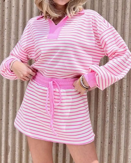 Striped Dropped Shoulder Top and Skirt Set Pink