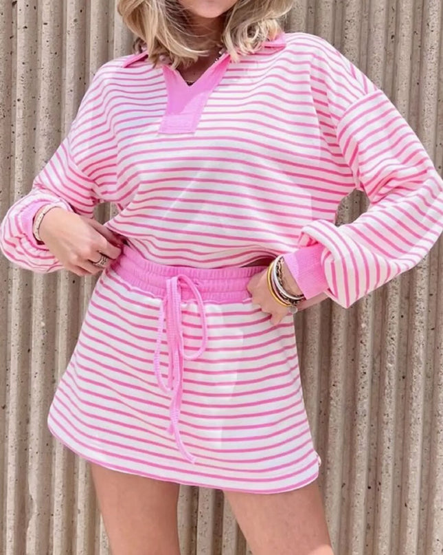 Striped Dropped Shoulder Top and Skirt Set Pink