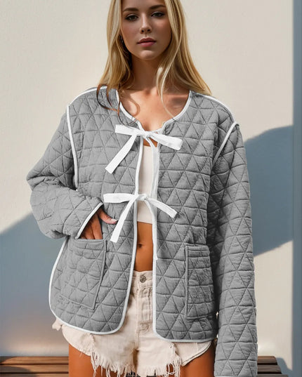 Double Take Contrast Trim Tie Front Quilted Jacket with Pockets Gray