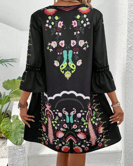 Lace Detail Printed Three-Quarter Sleeve Dress