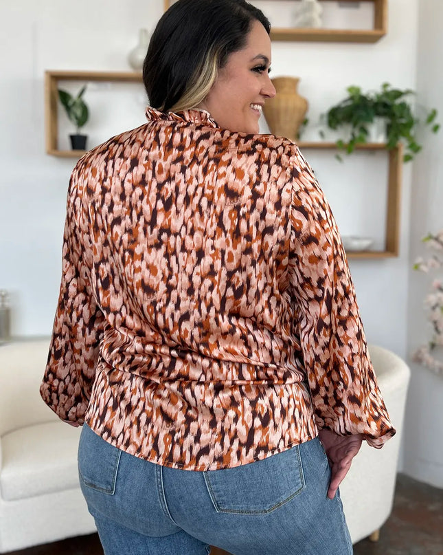 Double Take Full Size Printed Ruffle Trim Balloon Sleeve Shirt