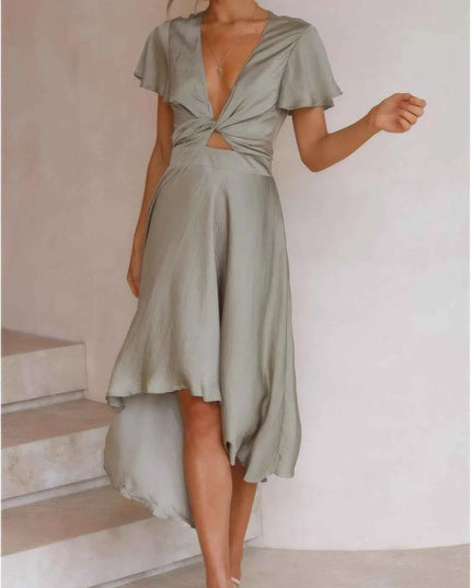 High-Low Plunge Flutter Sleeve Dress