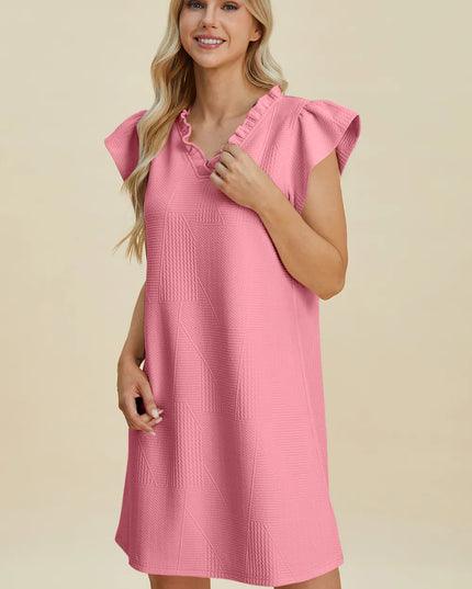 Double Take Full Size Ruffled V-Neck Cap Sleeve Dress Blush Pink