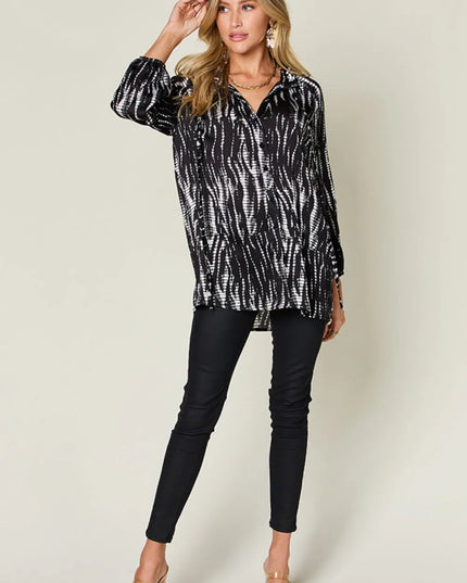 Double Take Full Size Printed Button Up Long Sleeve Shirt