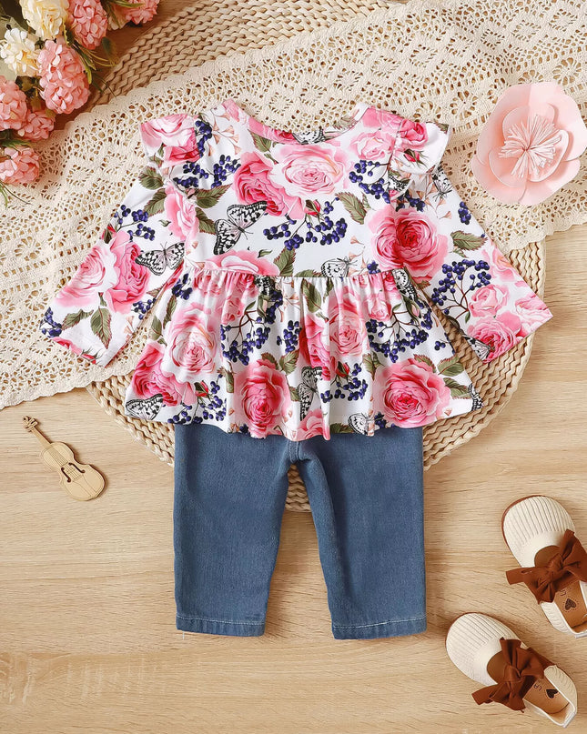 Children's Floral Ruffle Trim Top & Distressed Jeans Set