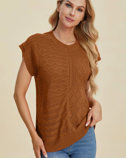 Double Take Full Size Cable-Knit Round Neck Cap Sleeve Sweater