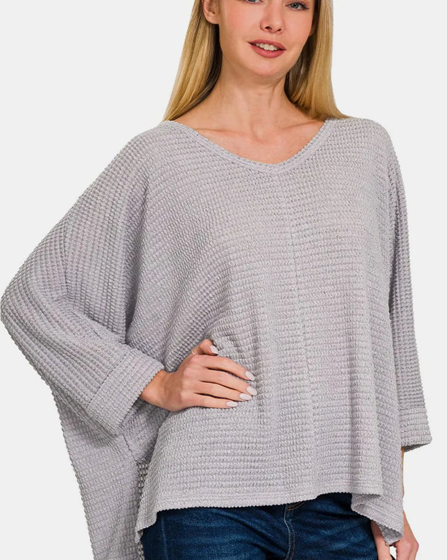 Zenana Waffle Knit V-Neck Long Sleeve Slit Top Grey