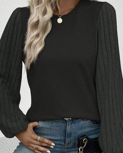 Ribbed Round Neck Long Sleeve Knit Top Black