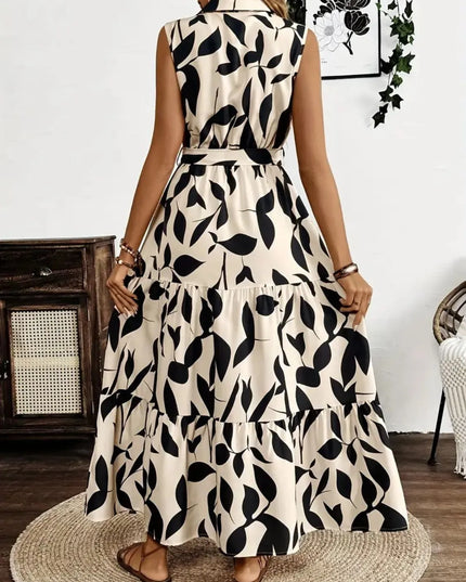 Printed Tie Waist Sleeveless Maxi Dress 