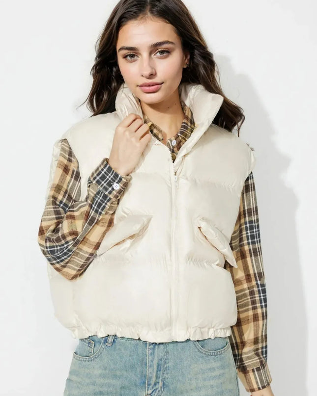 Zip Up Vest Coat with Pockets Cream