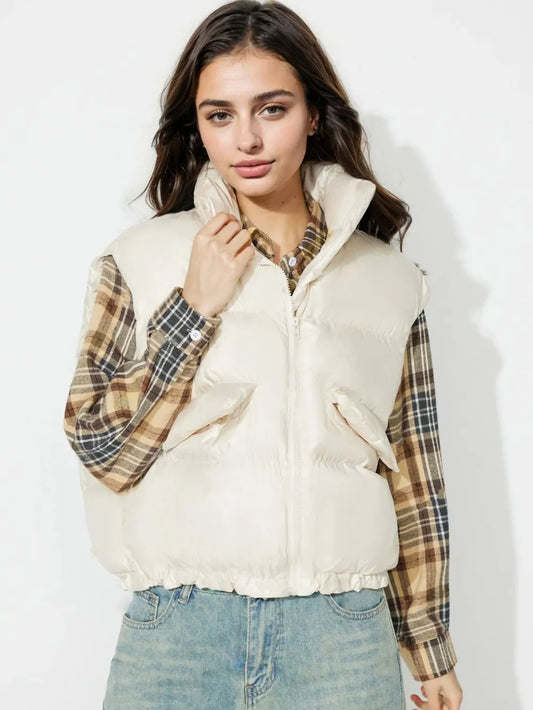 Zip Up Vest Coat with Pockets Cream