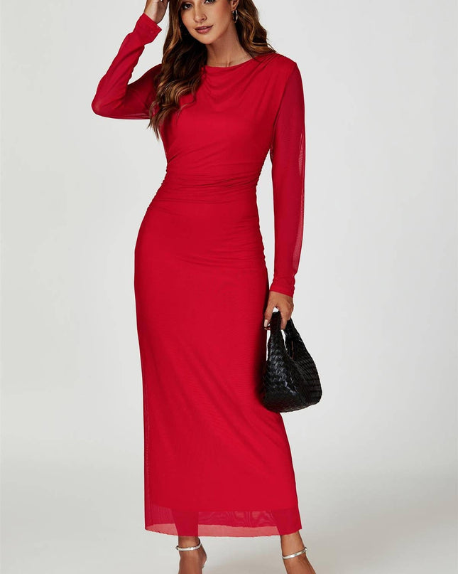 Long Sleeves Mesh Midi Dress in Red