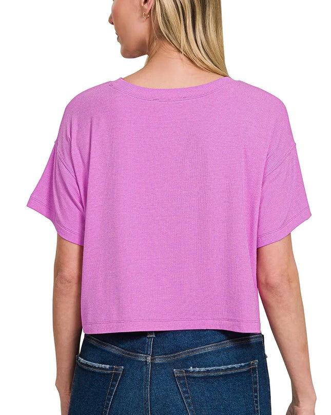 Zenana Ribbed Round-Neck Crop T-Shirt