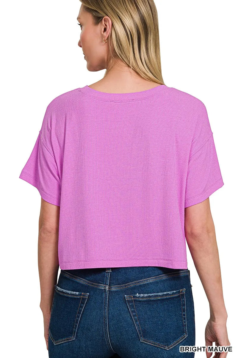 Zenana Ribbed Round-Neck Crop T-Shirt