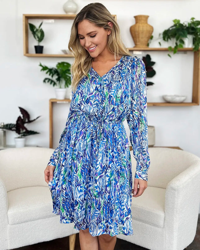 Double Take Full Size Printed Drawstring Waist Long Sleeve Dress