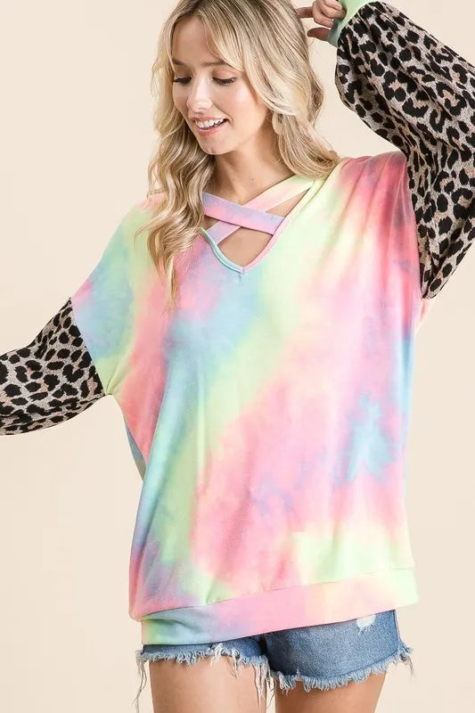 BiBi Tie Dye Terry Top with Leopard Puff Sleeves