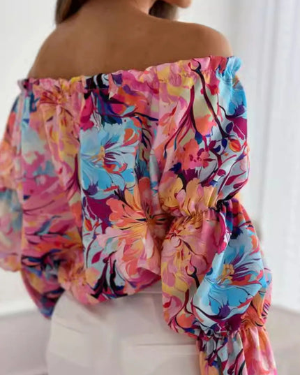 Off-Shoulder Floral Ruffle Blouse with Elastic Neckline